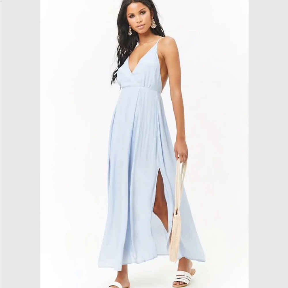 Baby blue deep v neck flowy dress forever 21